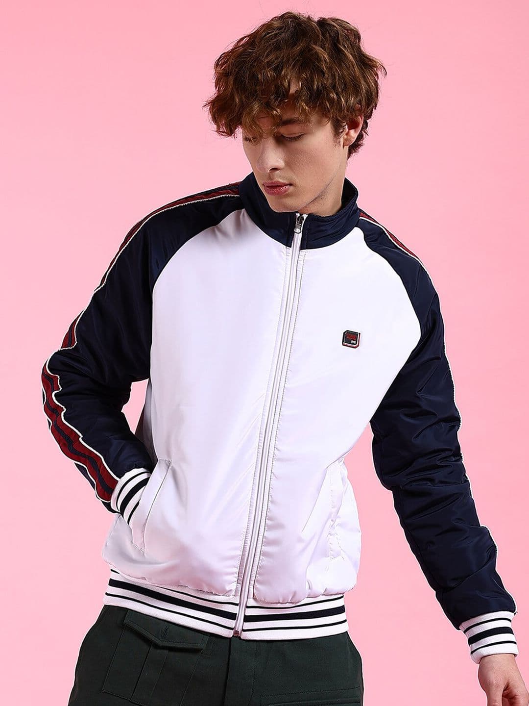 The Indian Garage Co Men White Striped Crop Outdoor Bomber with Embroidered Jacket - view 1