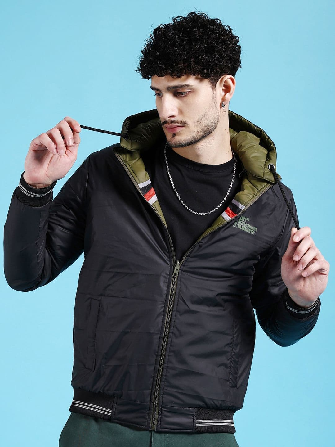 The Indian Garage Co Olive Green & Black Hooded Reversible Puffer Jacket - view 1