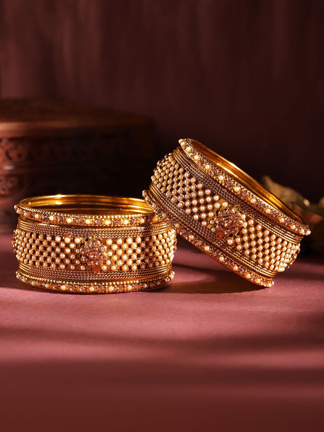 Rubans Set of 6 Gold Plated Pearl & Stone Studded Traditional Handcrafted Bangles - view 1