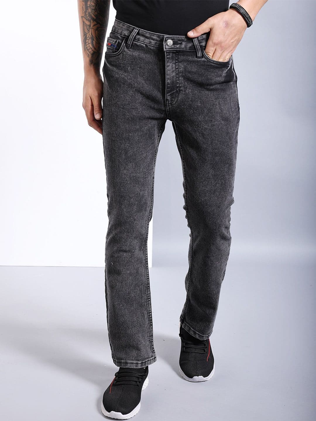 The Indian Garage Co Men Black Mid-Rise Bootcut Clean Look Heavy Fade Stretchable Jeans - view 1