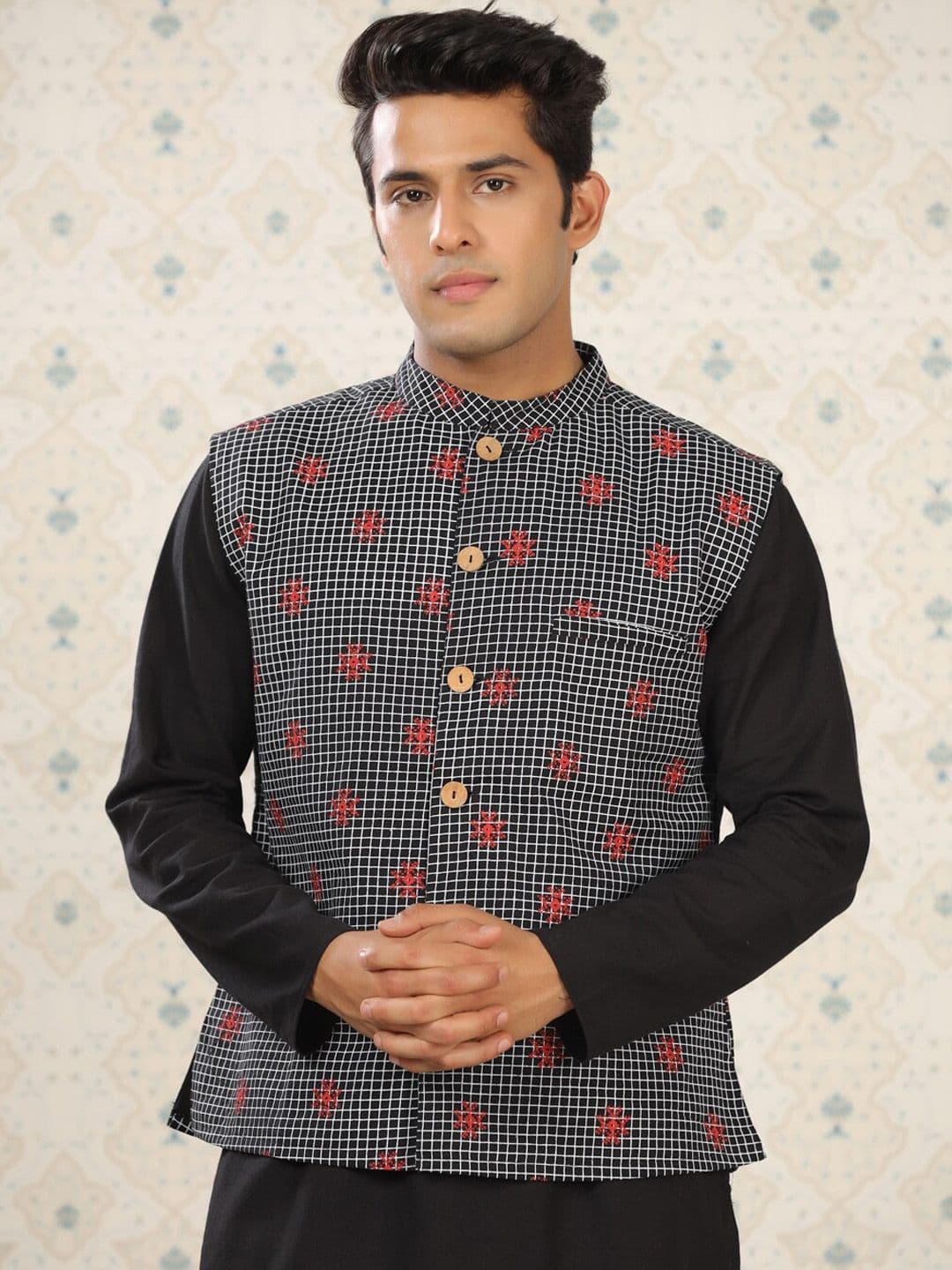 Ode by House of Pataudi Checked Cotton Linen Nehru Jacket - view 1