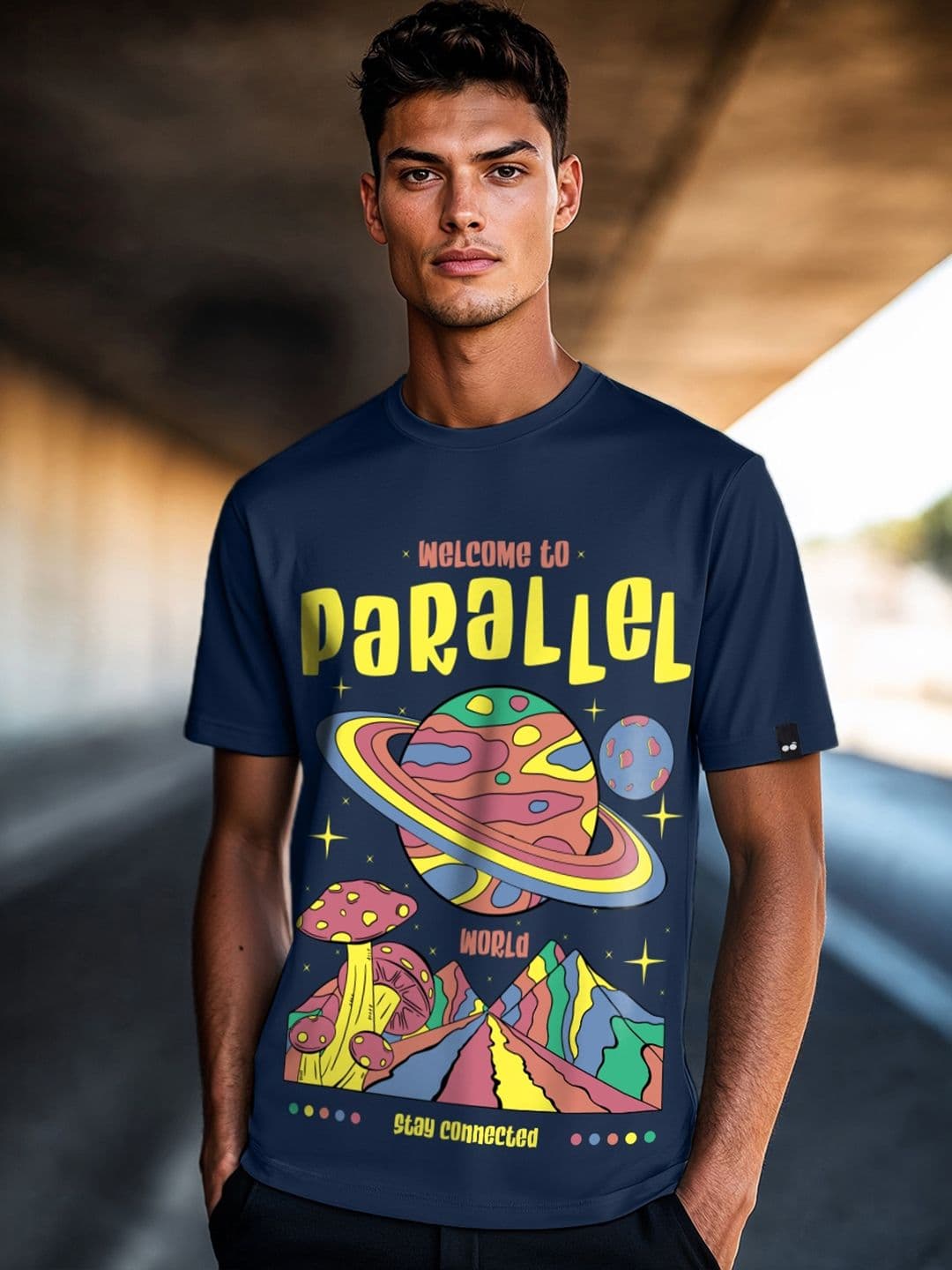 Bewakoof Blue Parallel World Graphic Printed Cotton T-shirt - view 1