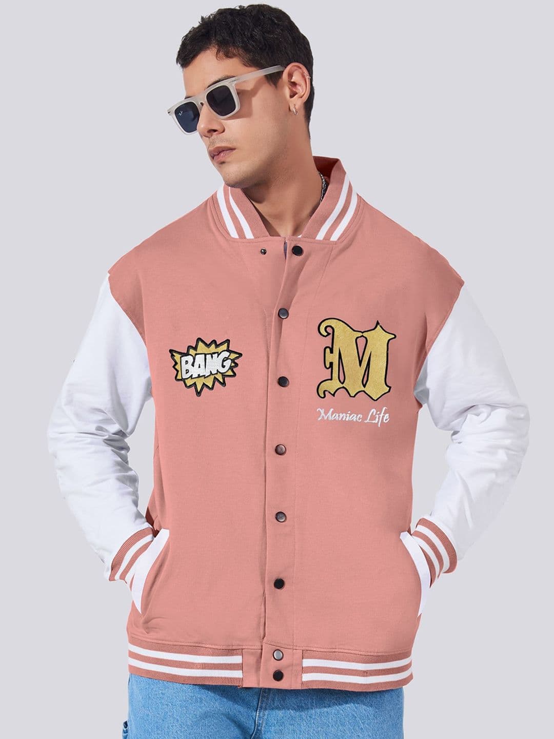 Maniac Colourblocked Mandarin Collar Fleece Varsity Jacket - view 1