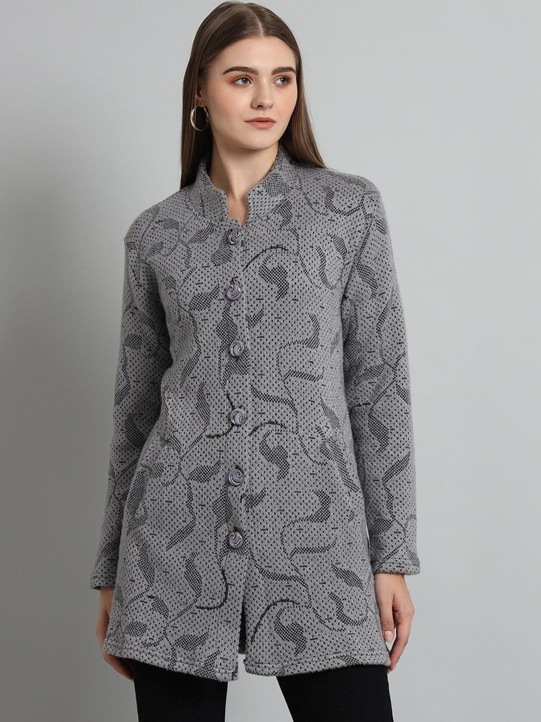 eWools Abstract Printed Mock Collar Long Sleeve Acrylic Wool Front-Open Sweater - view 1