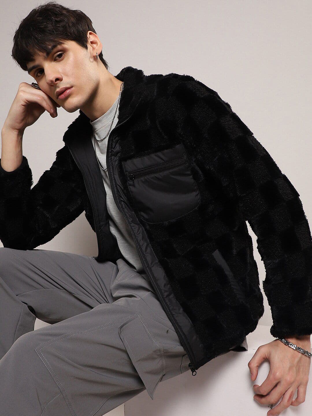 CAHOOT Black Checked Windcheater Puffer Jacket With Faux Fur Trim - view 1