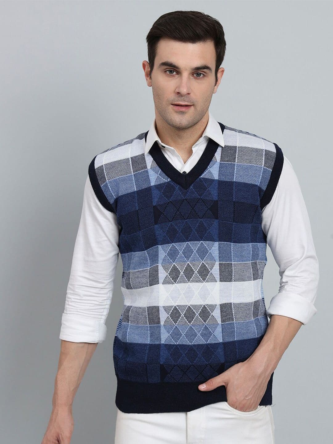 eWools Geometric Self Design V-Neck Woollen Sweater Vest - view 1