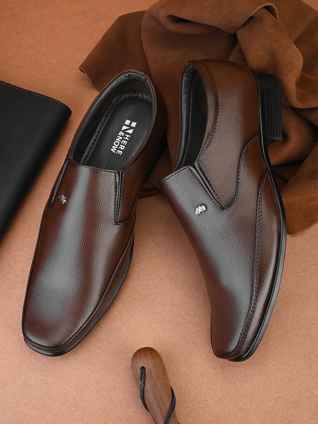 HERE&NOW Men Brown Textured Formal Slip-On Shoes - view 1