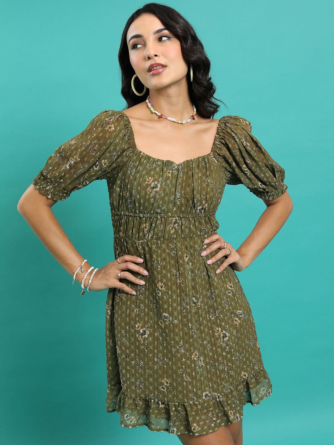 Tokyo Talkies Olive Green Floral Printed Fit & Flare Mini Dress - view 1