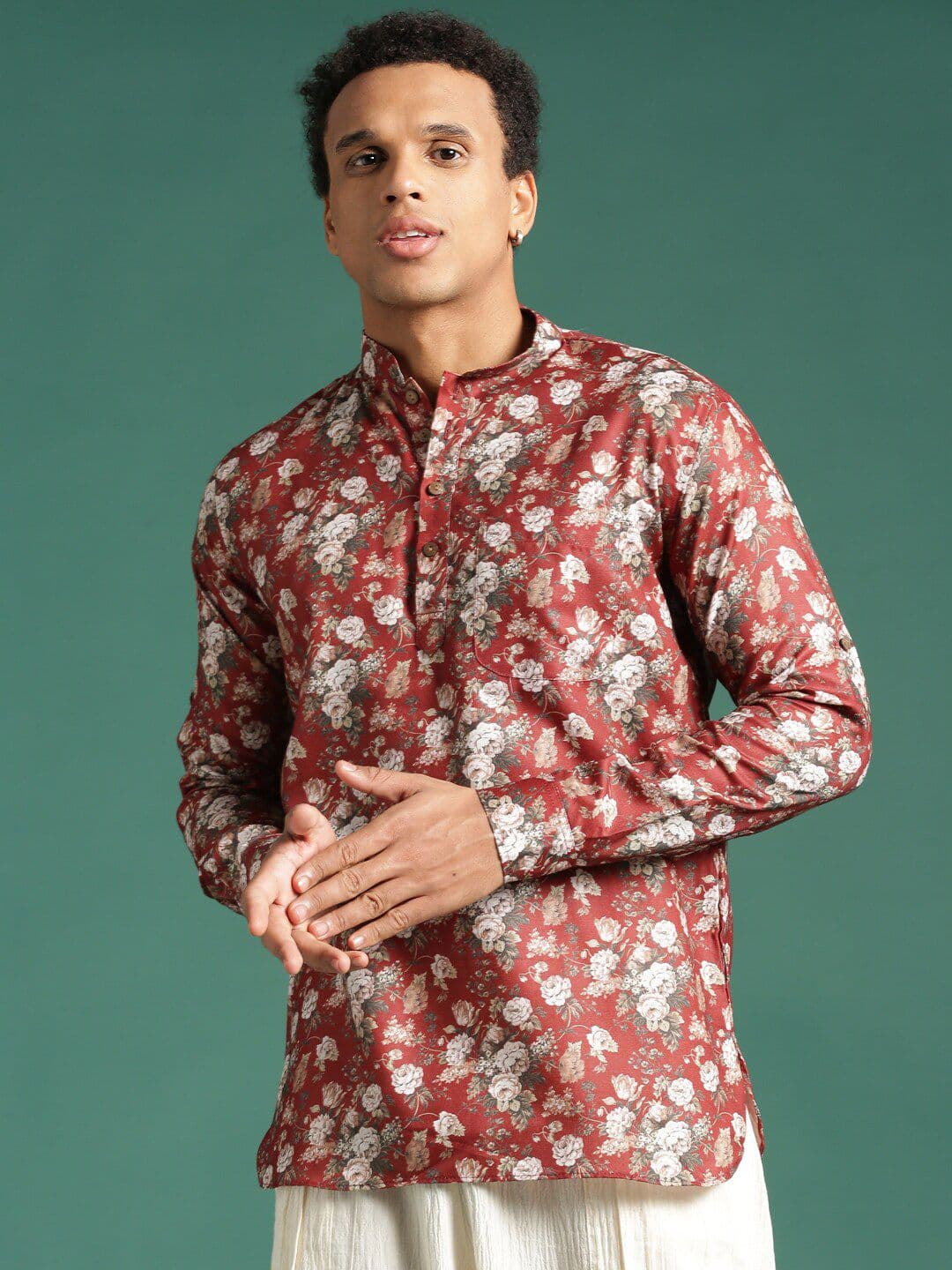 Sangria Red Floral Printed Mandarin Collar Straight Kurta - view 1