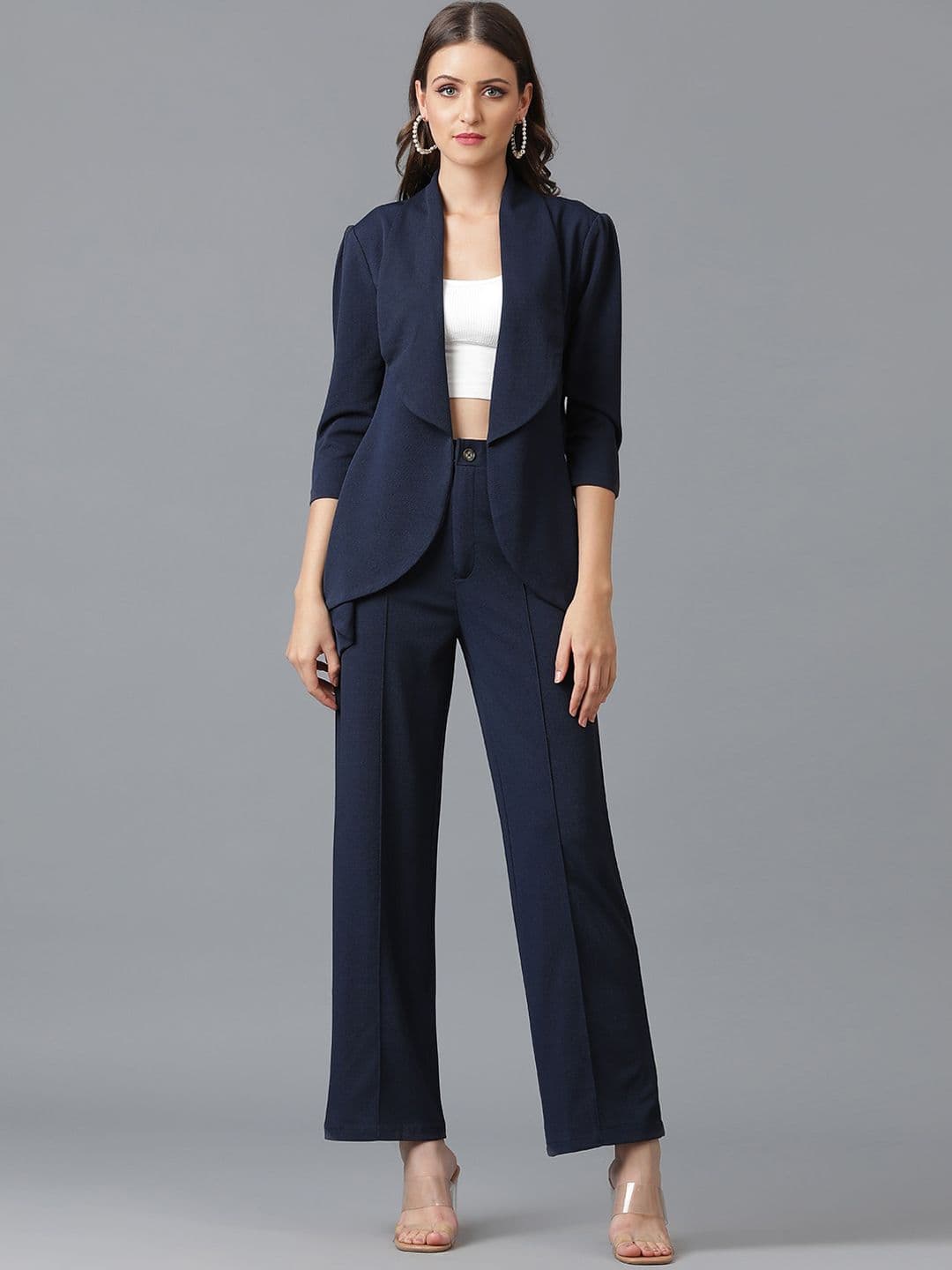KOTTY BIZwear Navy Blue Shawl Neck Coat With Trousers - view 1