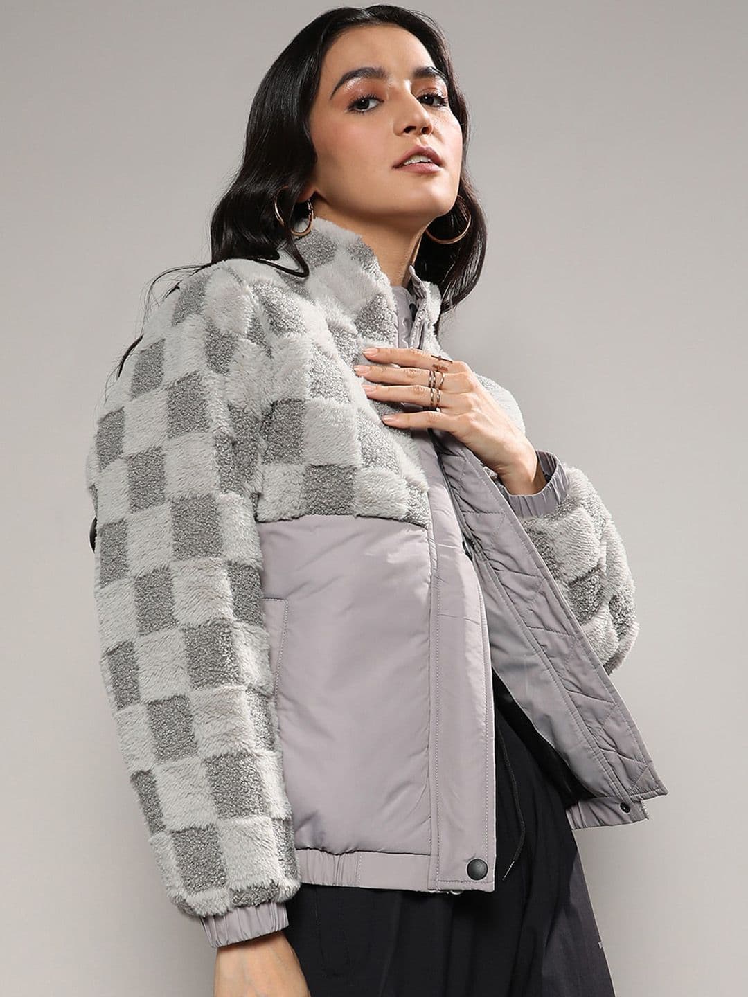 PINACOLADA Black Checked Mock Collar Windcheater Padded Jacket - view 1