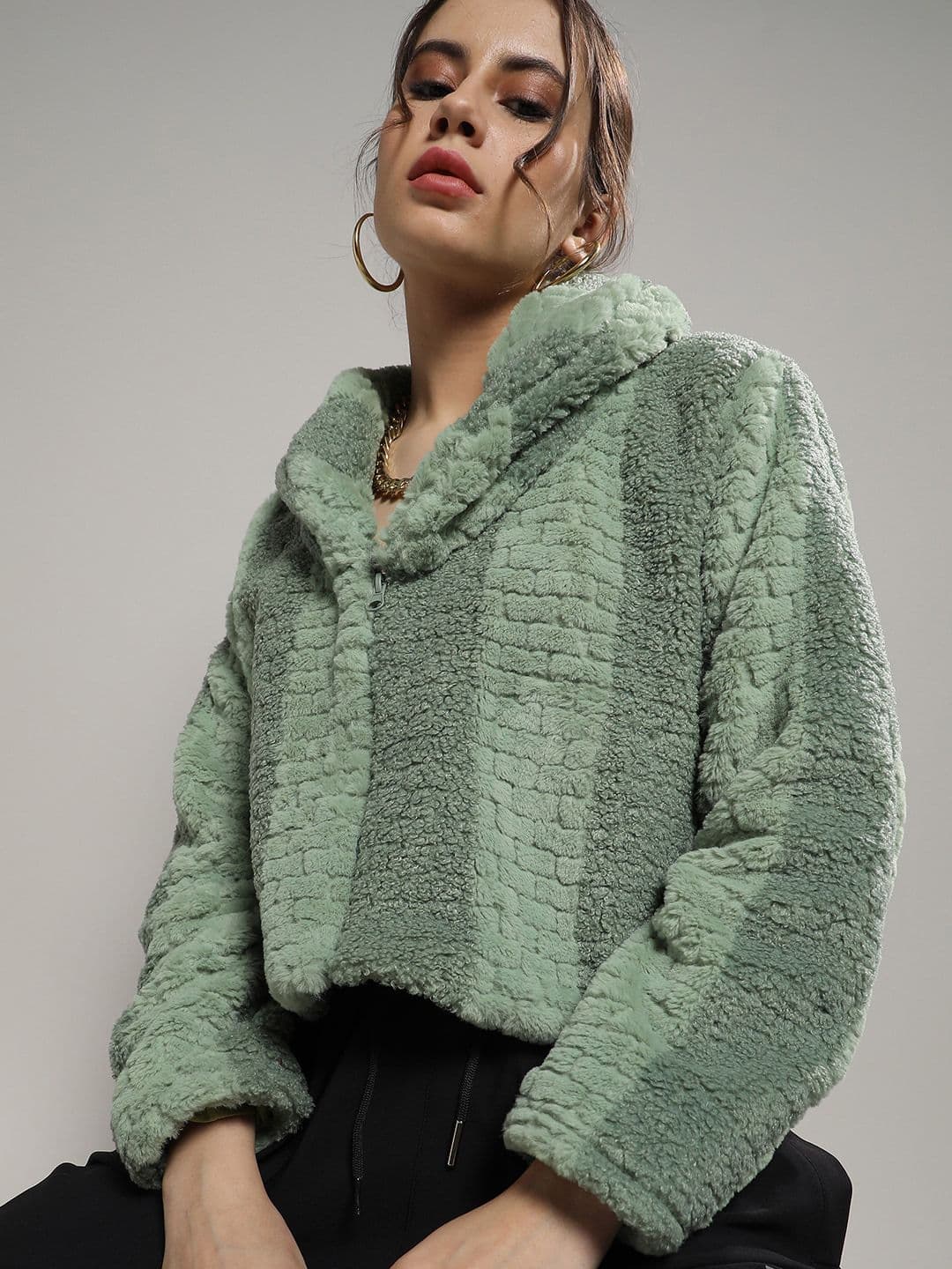 PINACOLADA Self Design Windcheater Crop Fleece Front Open Jacket - view 1
