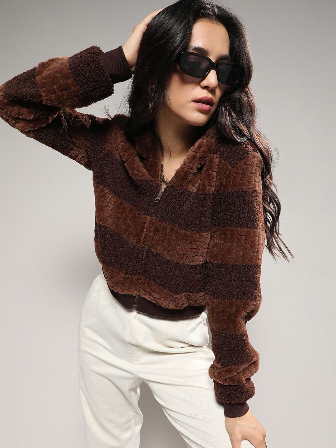 PINACOLADA Brown Striped Windcheater Faux Fur Trim Tailored Jacket - view 1