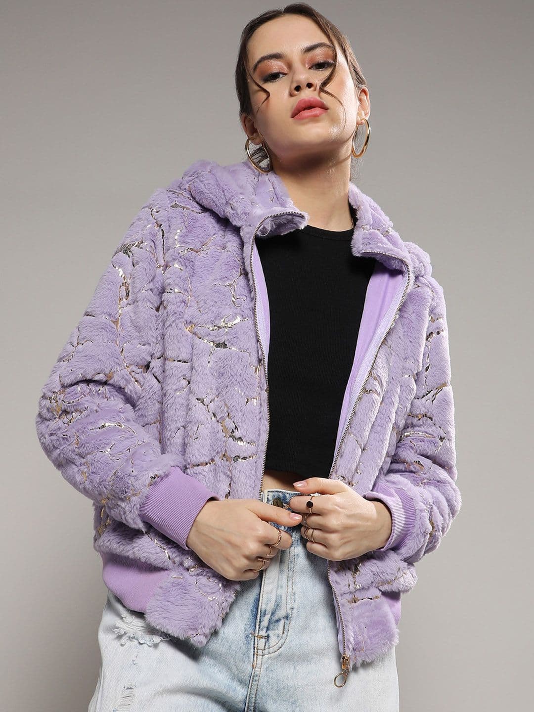PINACOLADA Purple Self Design Windcheater Faux Fur Trim Bomber Jacket - view 1