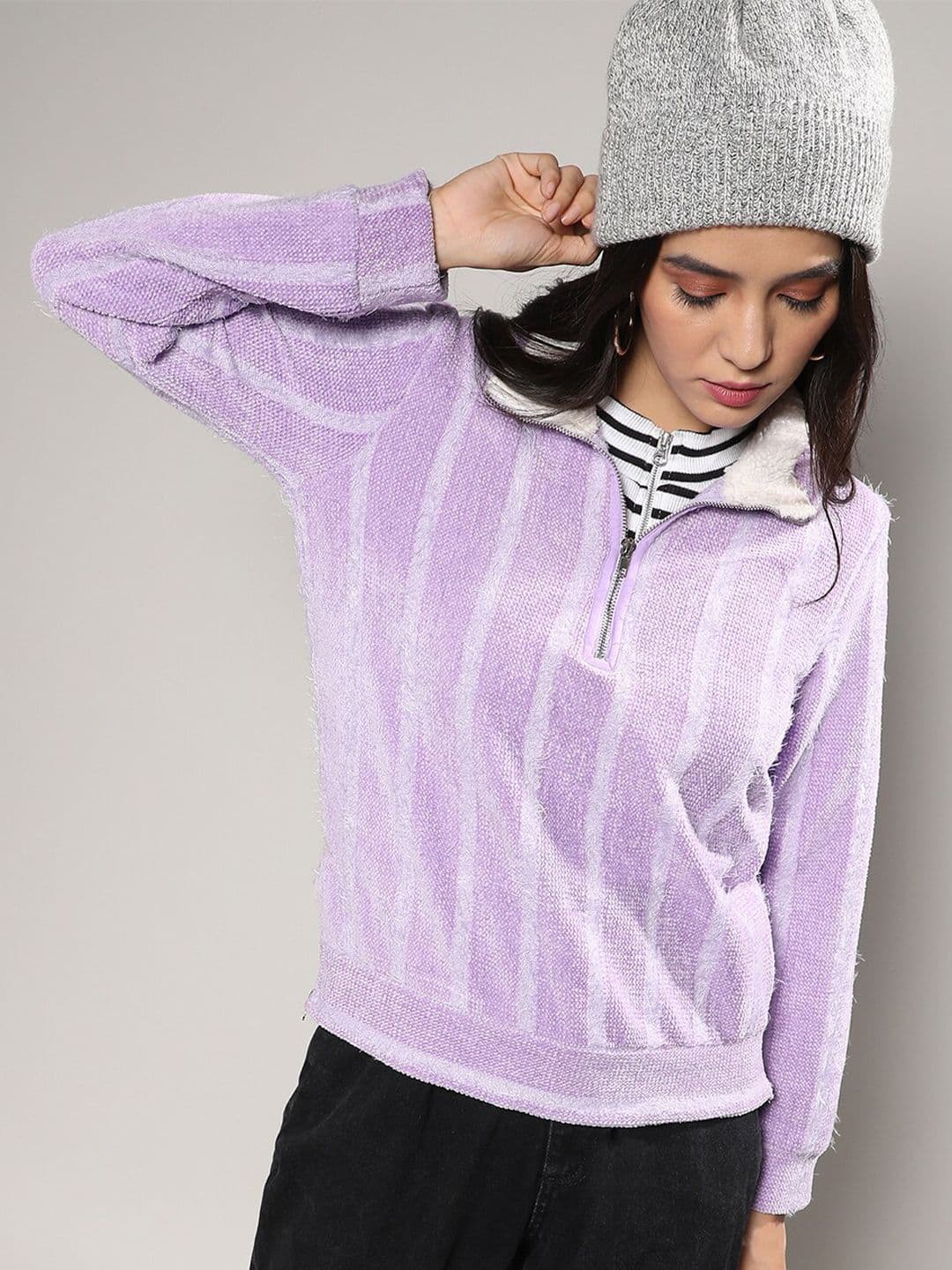 PINACOLADA Purple Striped High Neck Half Zipper Sweatshirt - view 1