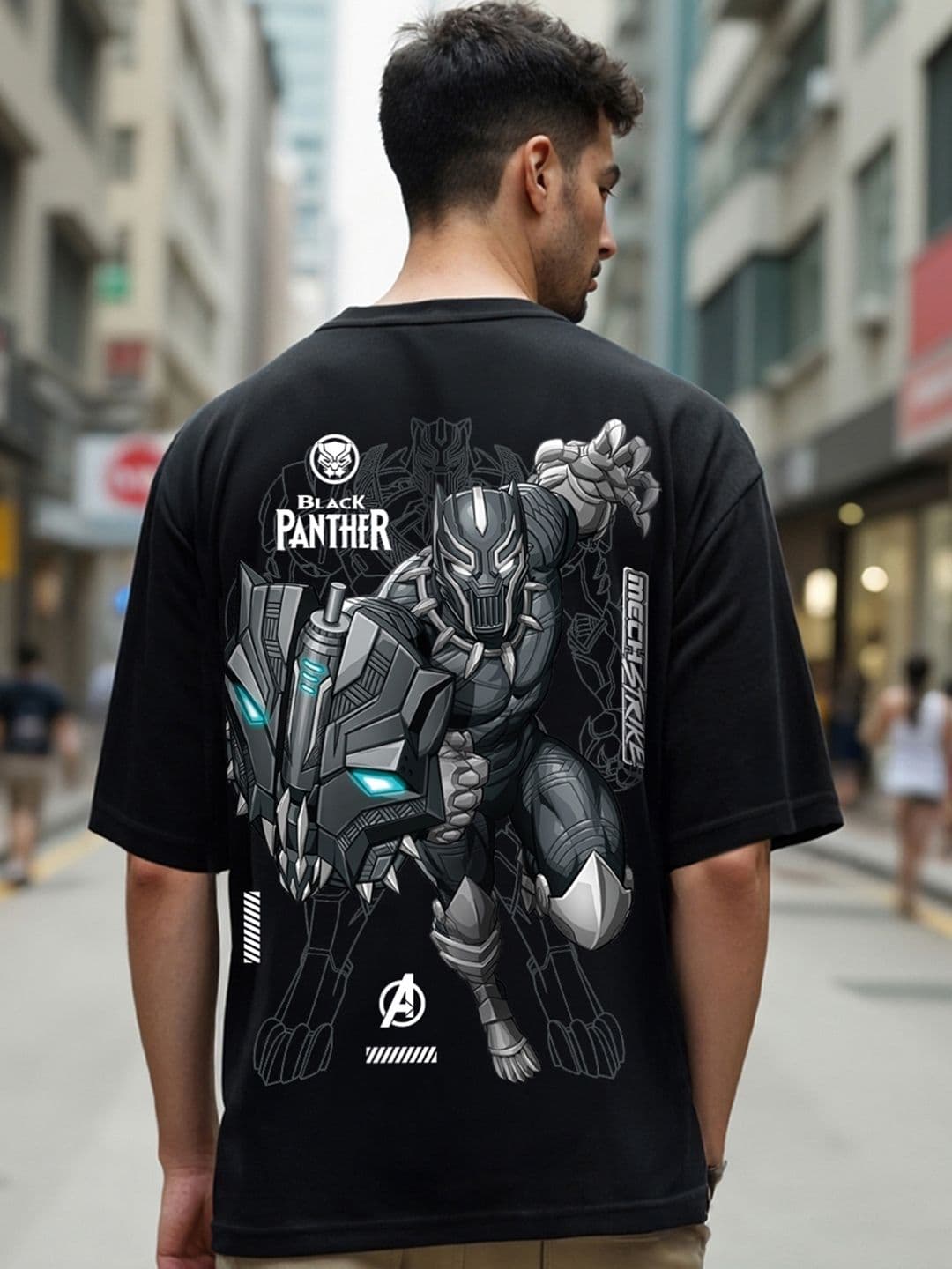 Bewakoof Black Black Panther Printed Round Neck Short Sleeves Cotton Oversized T-shirt - view 1