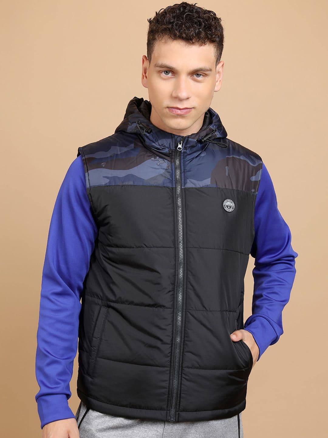 HIGHLANDER Colourblocked Hooded Neck Sleeveless Zip Detail Puffer Jacket - view 1