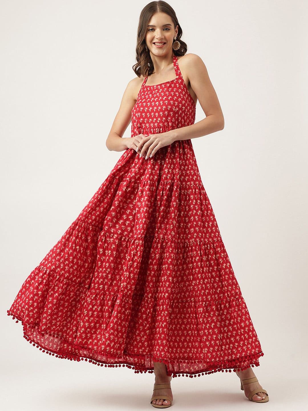 KALINI Floral Printed Halter Neck Tiered Cotton Fit & Flare Maxi Ethnic Dress - view 1