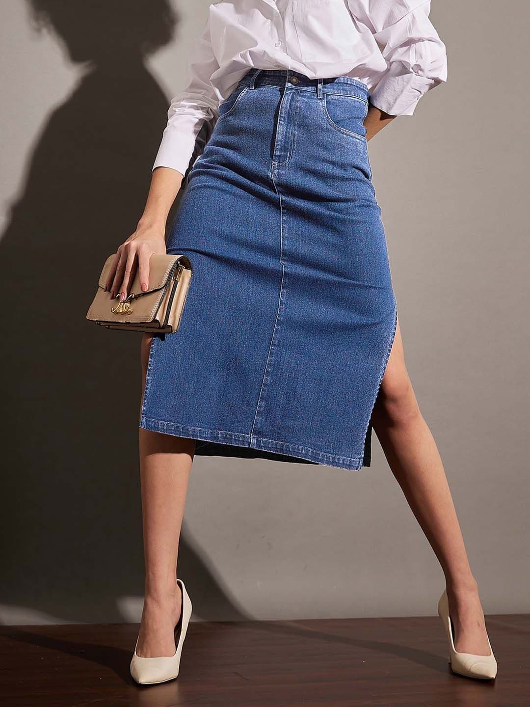 SASSAFRAS Blue Side Slit A-Line Midi Skirt - view 1