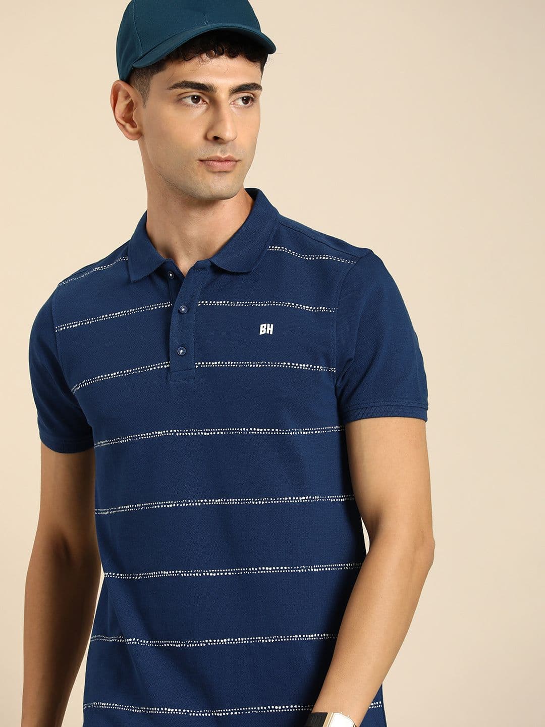 Being Human Pure Cotton Polo Collar Striped T-shirt - view 1