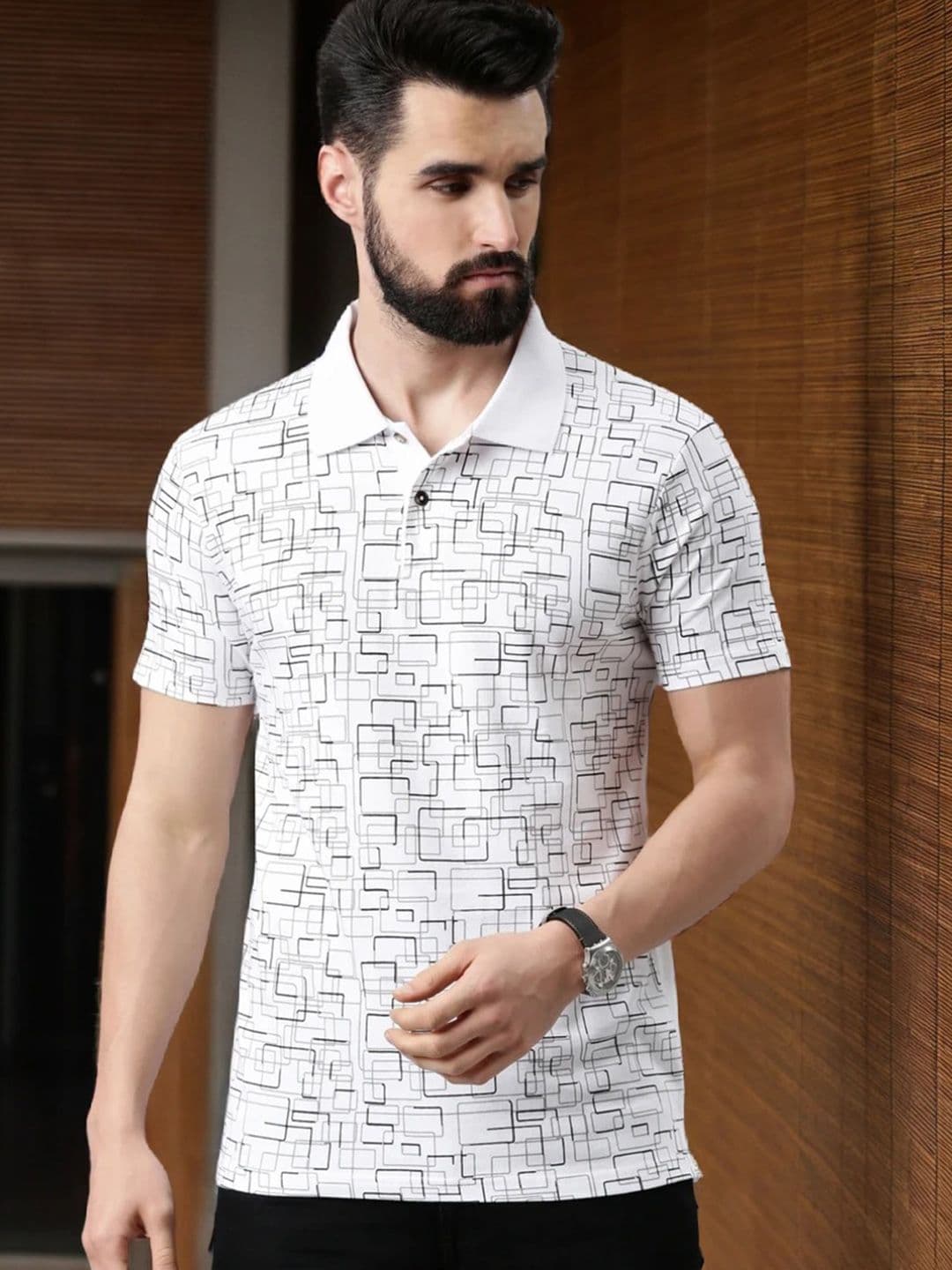 Kryptic Geometric Printed Polo Collar Pure Cotton T-shirt - view 1