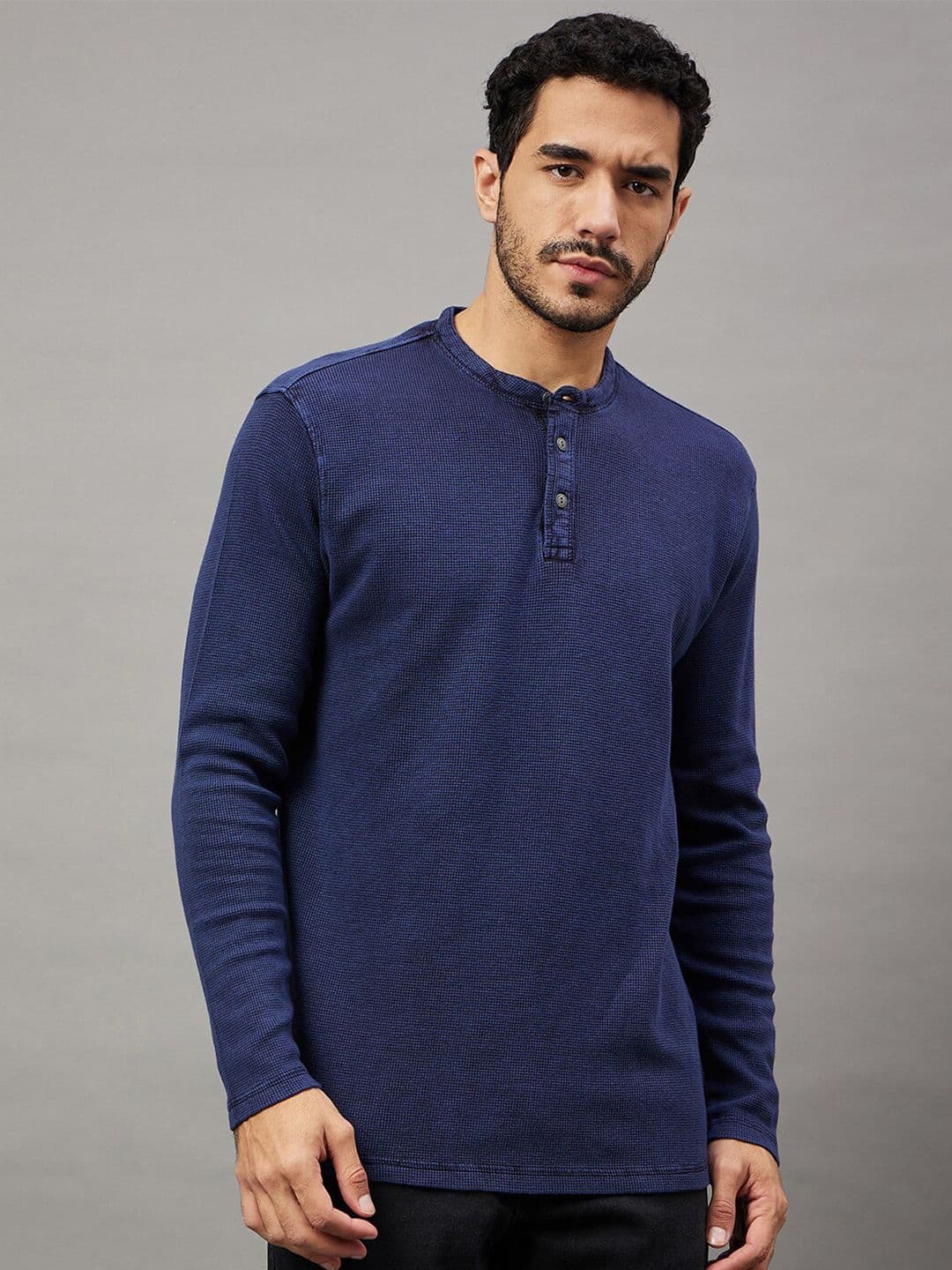 The Roadster Lifestyle Co. Navy Blue Henley Neck Long Sleeves T-shirt - view 1