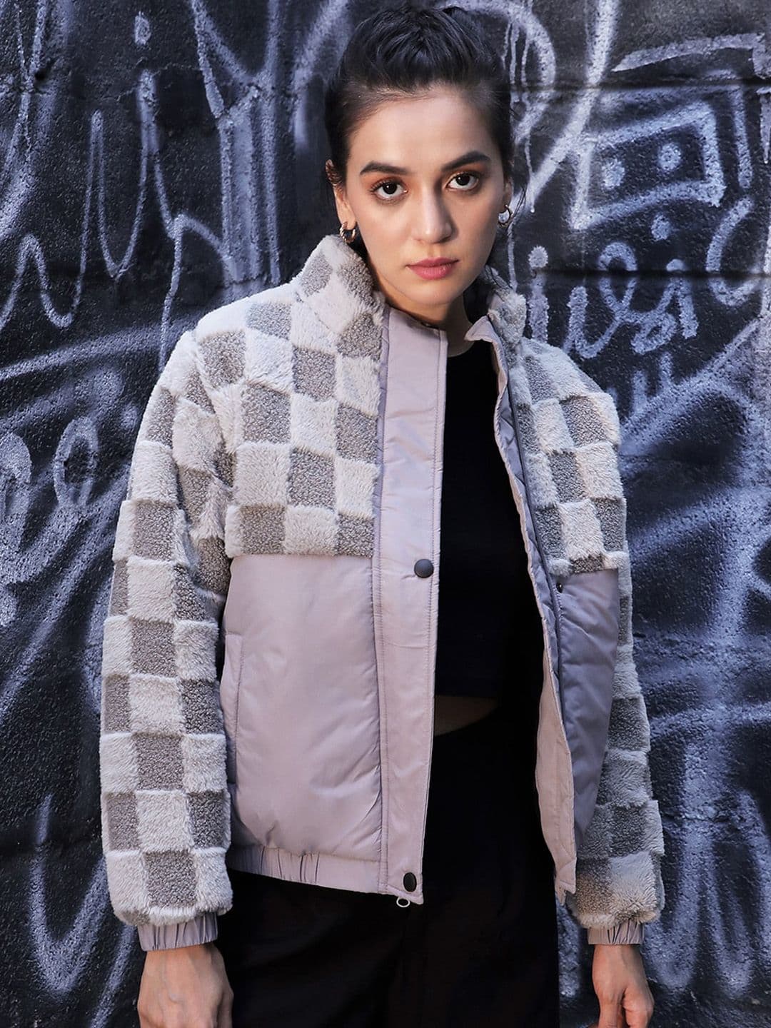 PINACOLADA Checked Mock Collar Windcheater Open Front Jacket - view 1