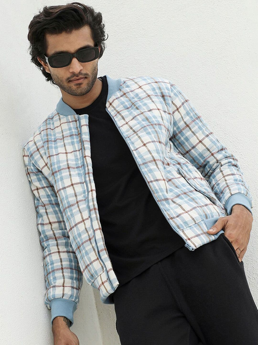 CAHOOT Checked Cotton Mandarin Collar Windcheater Bomber Jacket - view 1