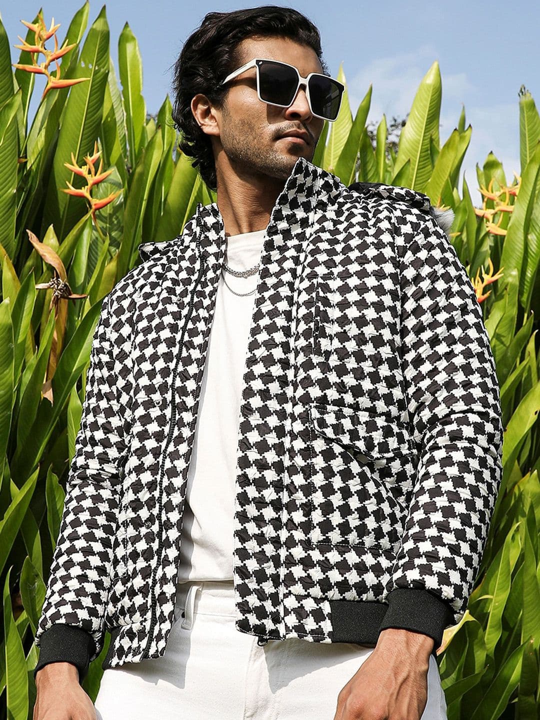 CAHOOT Black & White Checked Windcheater Hooded Puffer Jacket - view 1