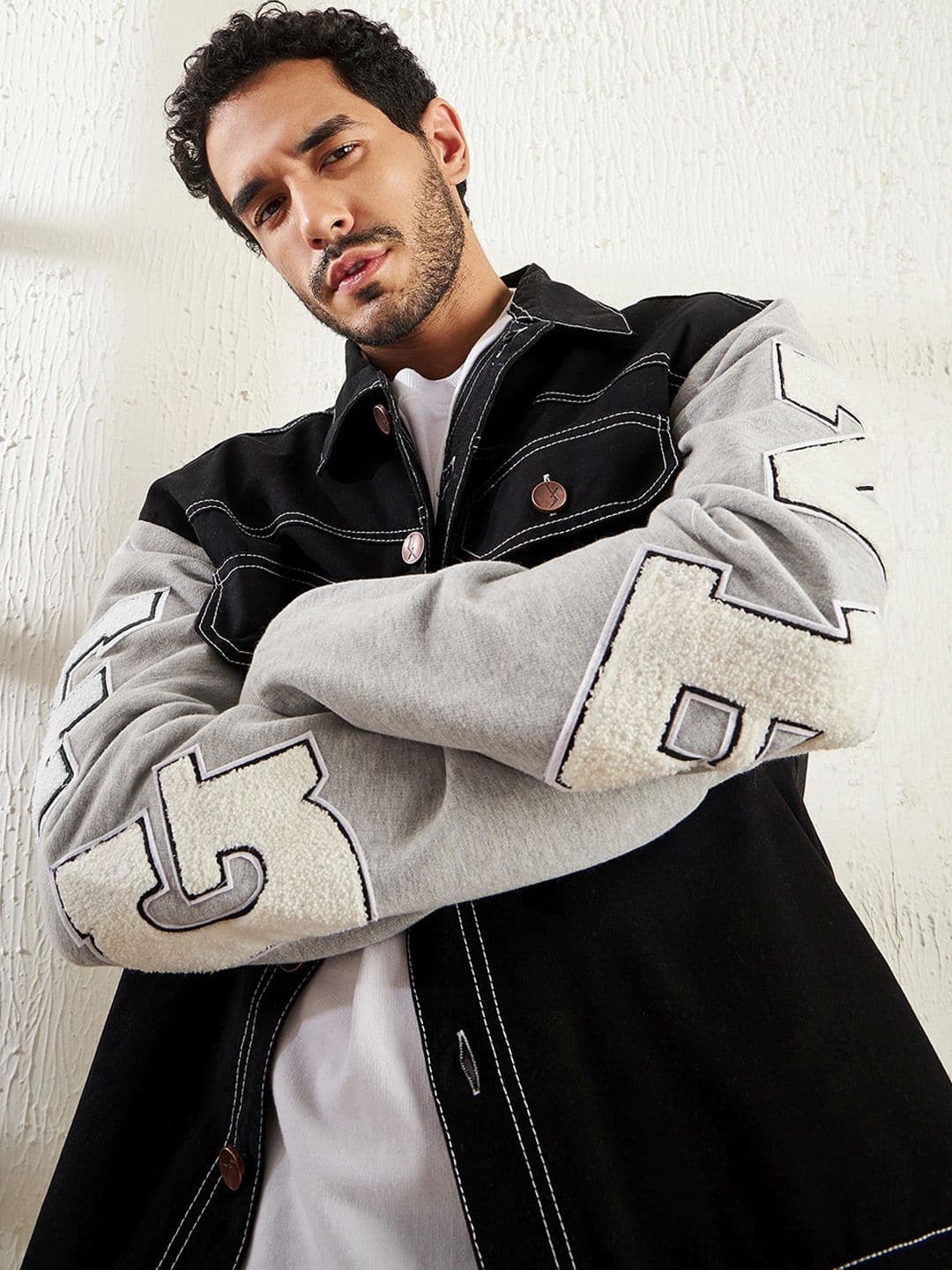 FUGAZEE Black & Grey Letterman Contrast Stitch Cotton Denim Jacket - view 1