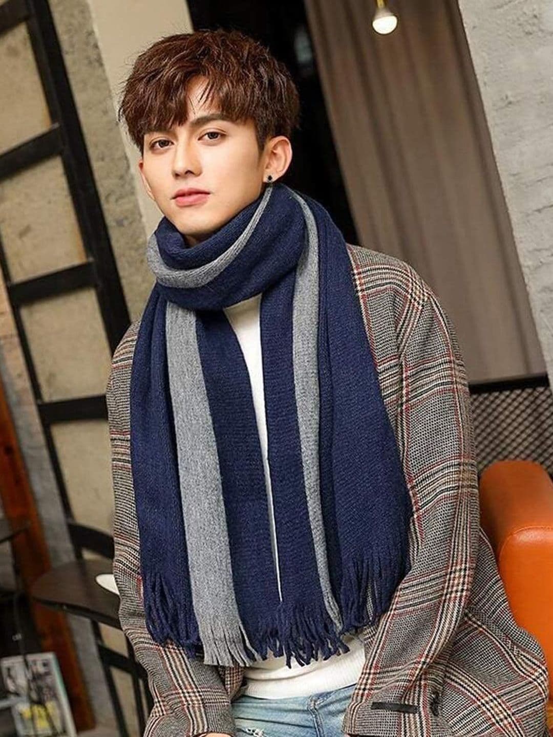 Alexvyan Women Blue & Grey Line Woolen Acrylic Soft Winter Muffler - view 1