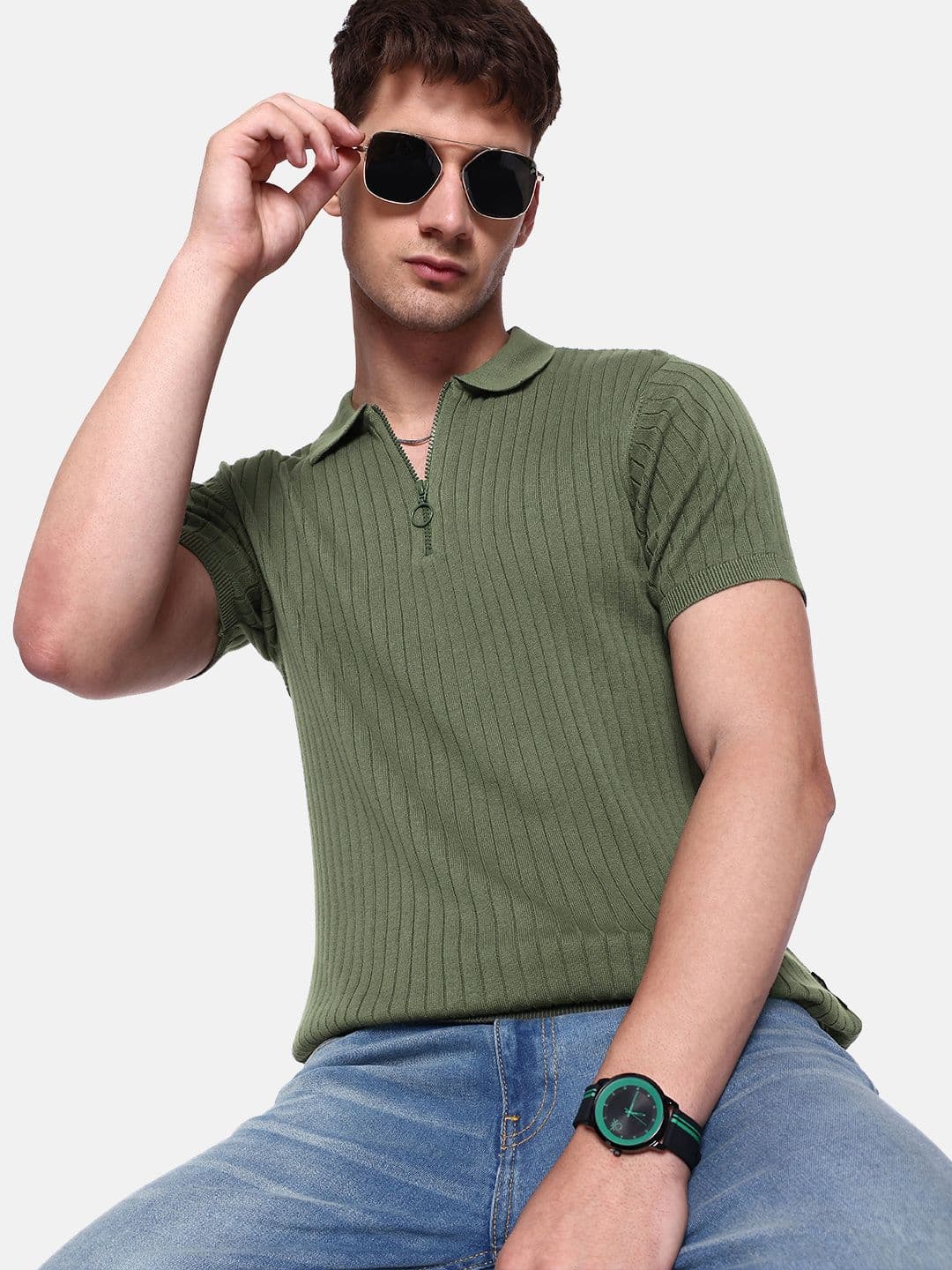 The Roadster Lifestyle Co. Men Self-Striped Polo Collar Pure Cotton T-shirt - view 1