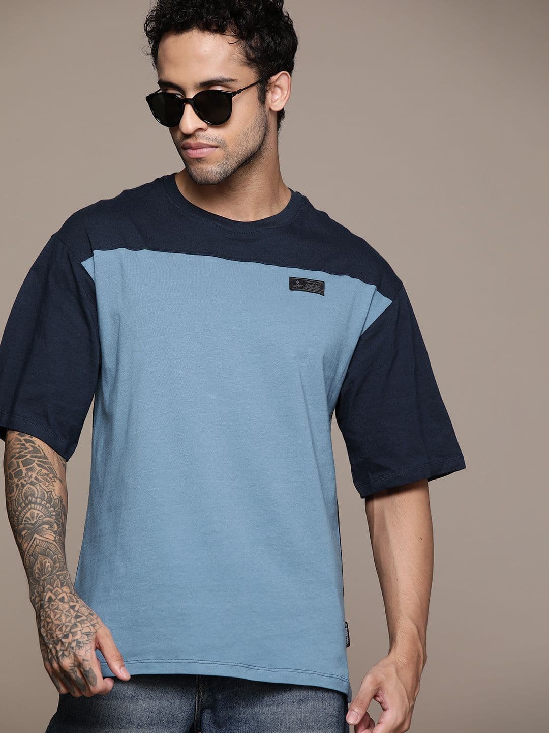The Roadster Lifestyle Co. Colourblocked Drop-Shoulder Sleeves Pure Cotton Relaxed T-shirt - view 1