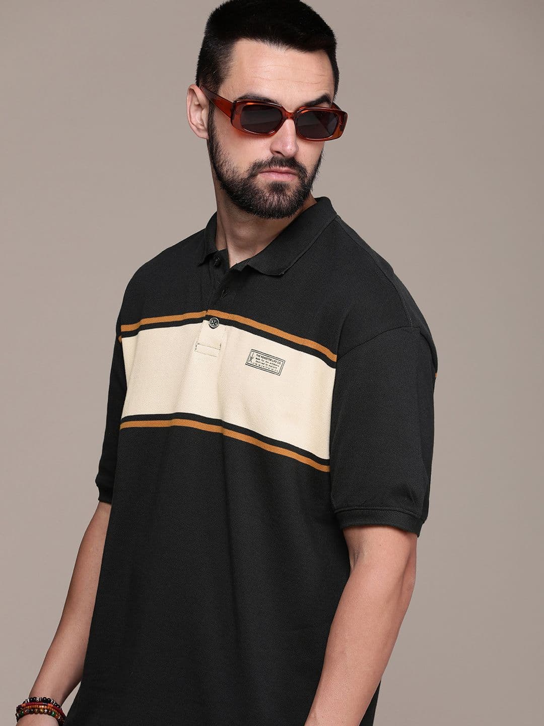 The Roadster Life Co. Colourblocked Polo Collar Drop-Shoulder Sleeves Pure Cotton T-shirt - view 1