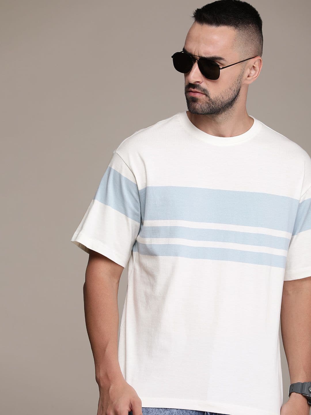 The Roadster Life Co. Striped Drop-Shoulder Sleeves Pure Cotton Oversized T-shirt - view 1