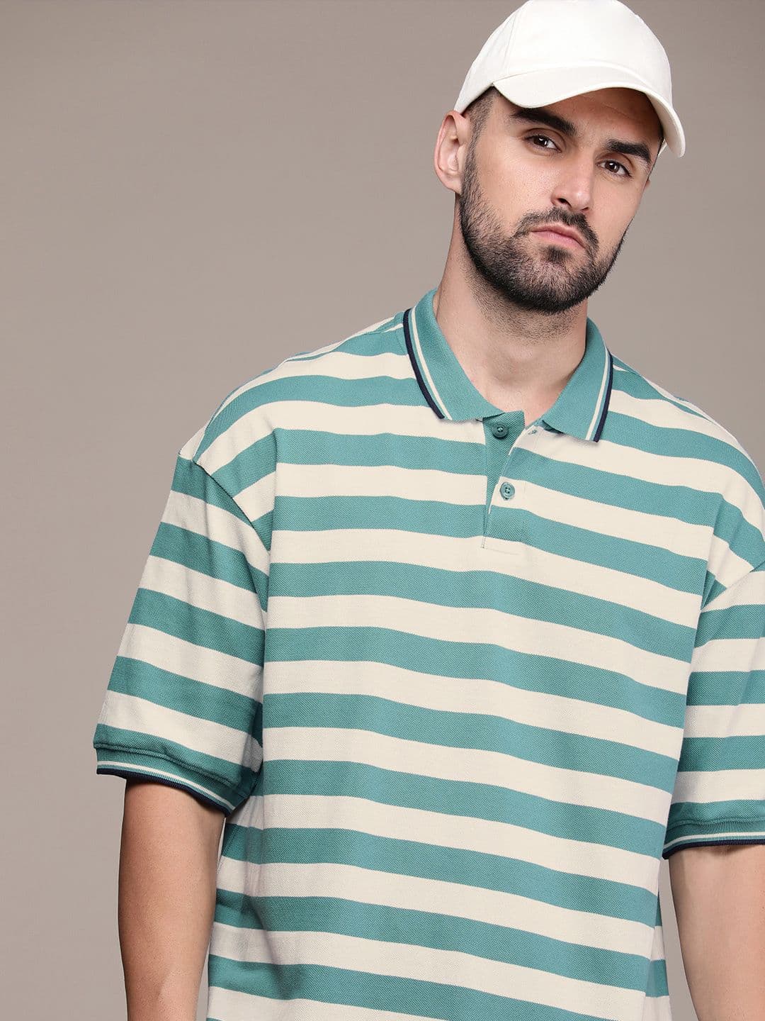 The Roadster Life Co. Striped Polo Collar Drop-Shoulder Sleeves Pure Cotton T-shirt - view 1