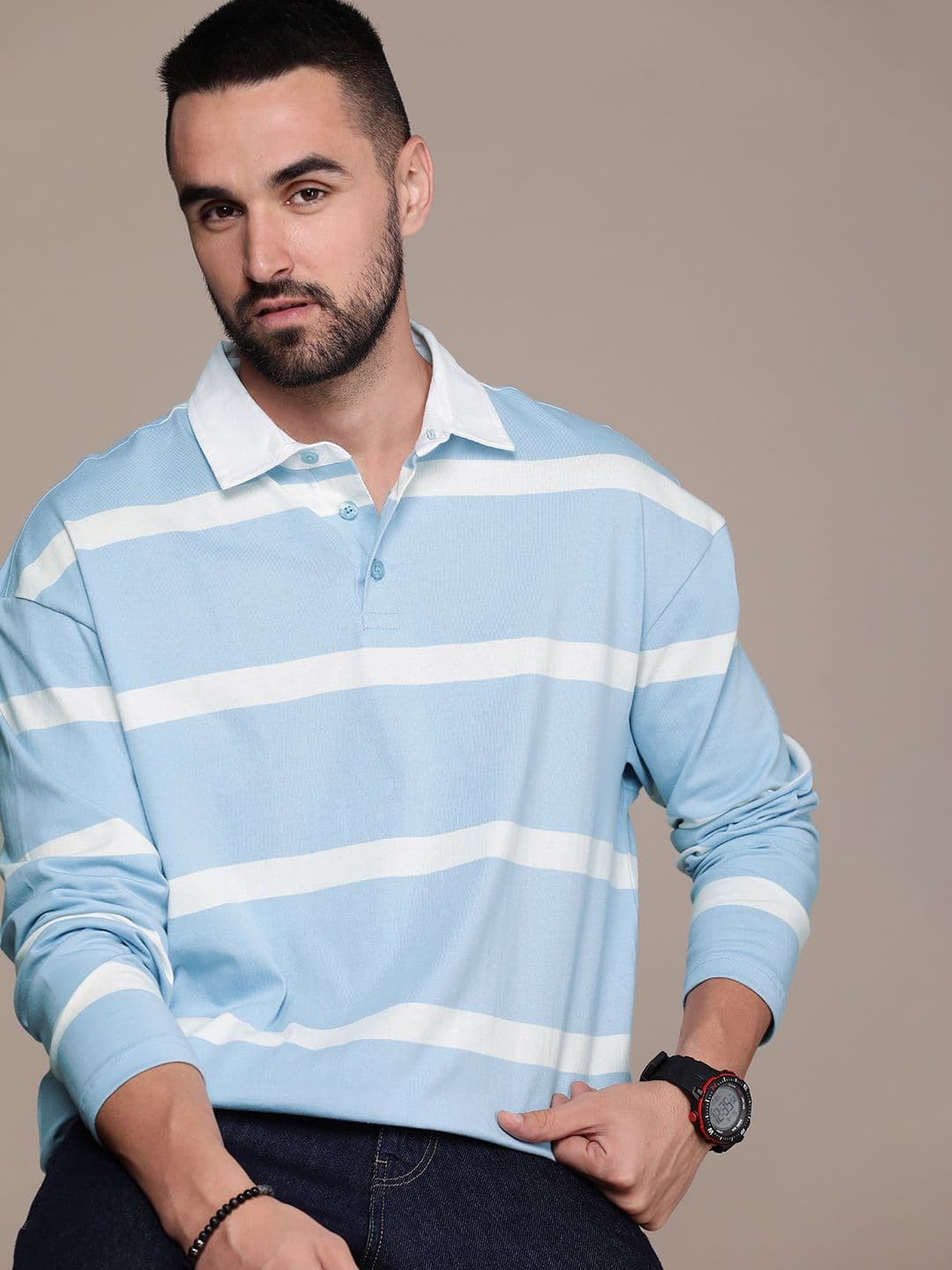 The Roadster Lifestyle Co. Men Striped Polo Collar Pure Cotton T-shirt - view 1
