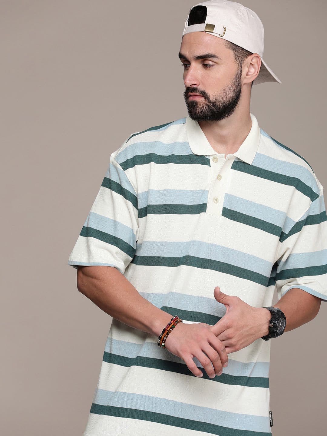 The Roadster Life Co. Striped Polo Collar Drop-Shoulder Sleeves Pure Cotton T-shirt - view 1
