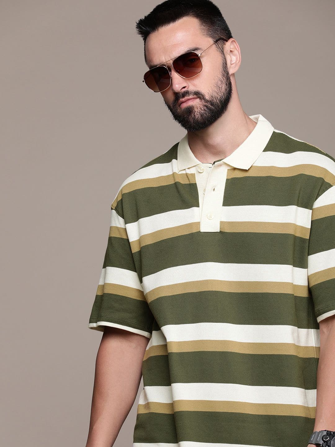 The Roadster Life Co. Striped Polo Collar Drop-Shoulder Sleeves Pure Cotton T-shirt - view 1