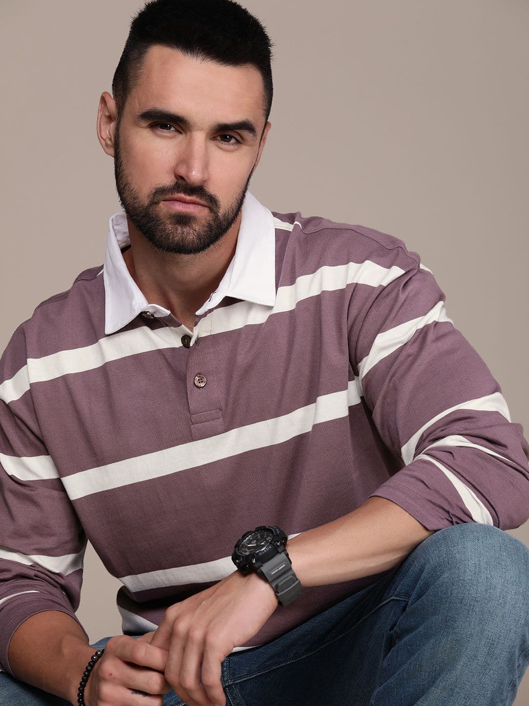 The Roadster Lifestyle Co. Men Striped Polo Collar Pure Cotton T-shirt - view 1