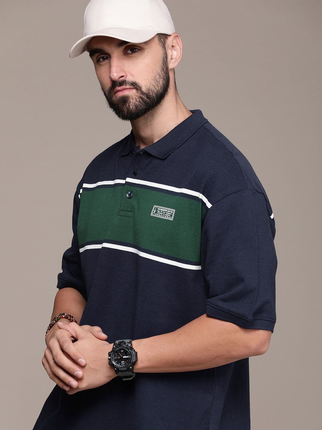 The Roadster Life Co. Colourblocked Polo Collar Drop-Shoulder Sleeves Pure Cotton T-shirt - view 1