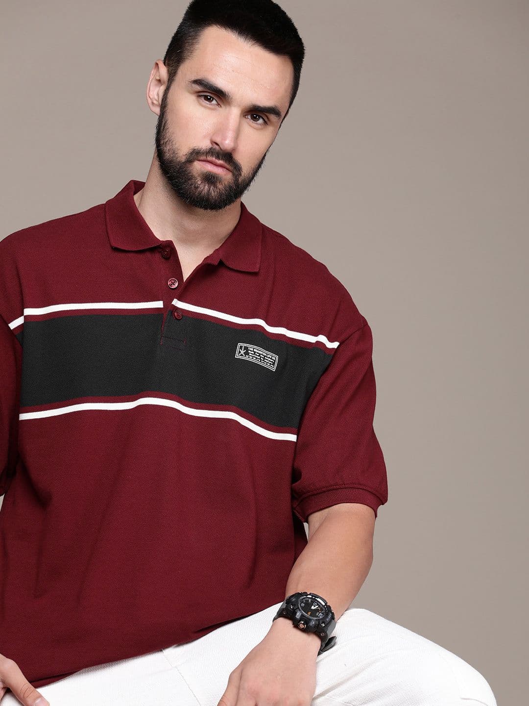 The Roadster Life Co. Colourblocked Polo Collar Drop-Shoulder Sleeves Pure Cotton T-shirt - view 1