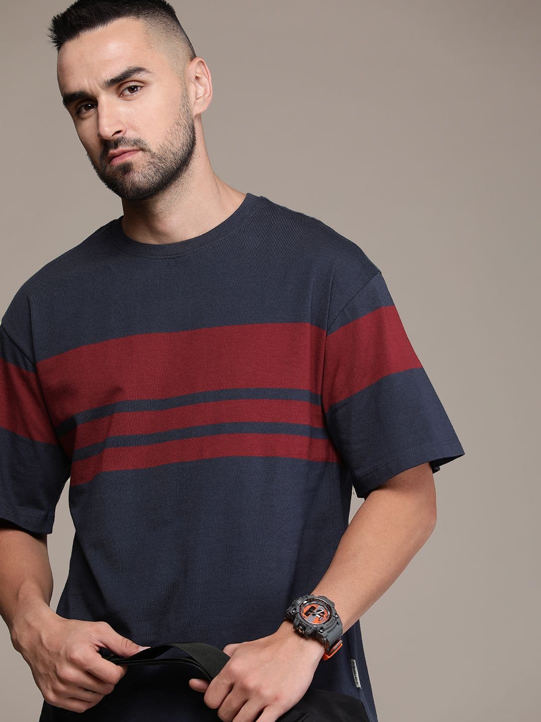 The Roadster Life Co. Striped Drop-Shoulder Sleeves Pure Cotton Oversized T-shirt - view 1