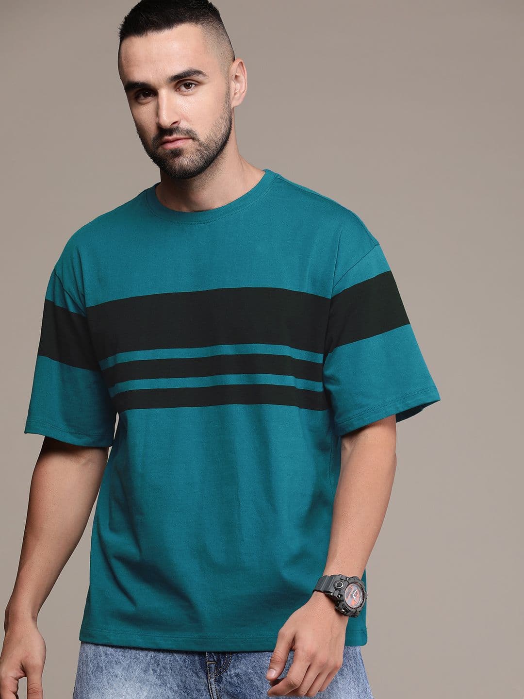 The Roadster Life Co. Striped Drop-Shoulder Sleeves Pure Cotton Oversized T-shirt - view 1