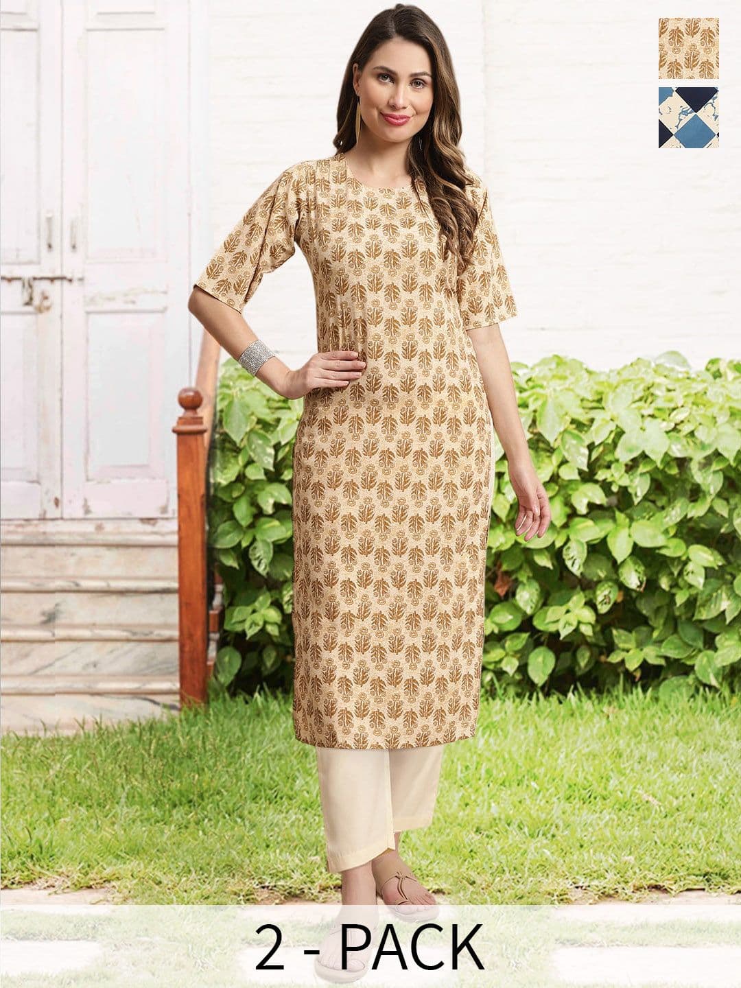 arangya Selection Of 2 Ethnic Motifs Printed Regular Kurta With Trousers - view 1