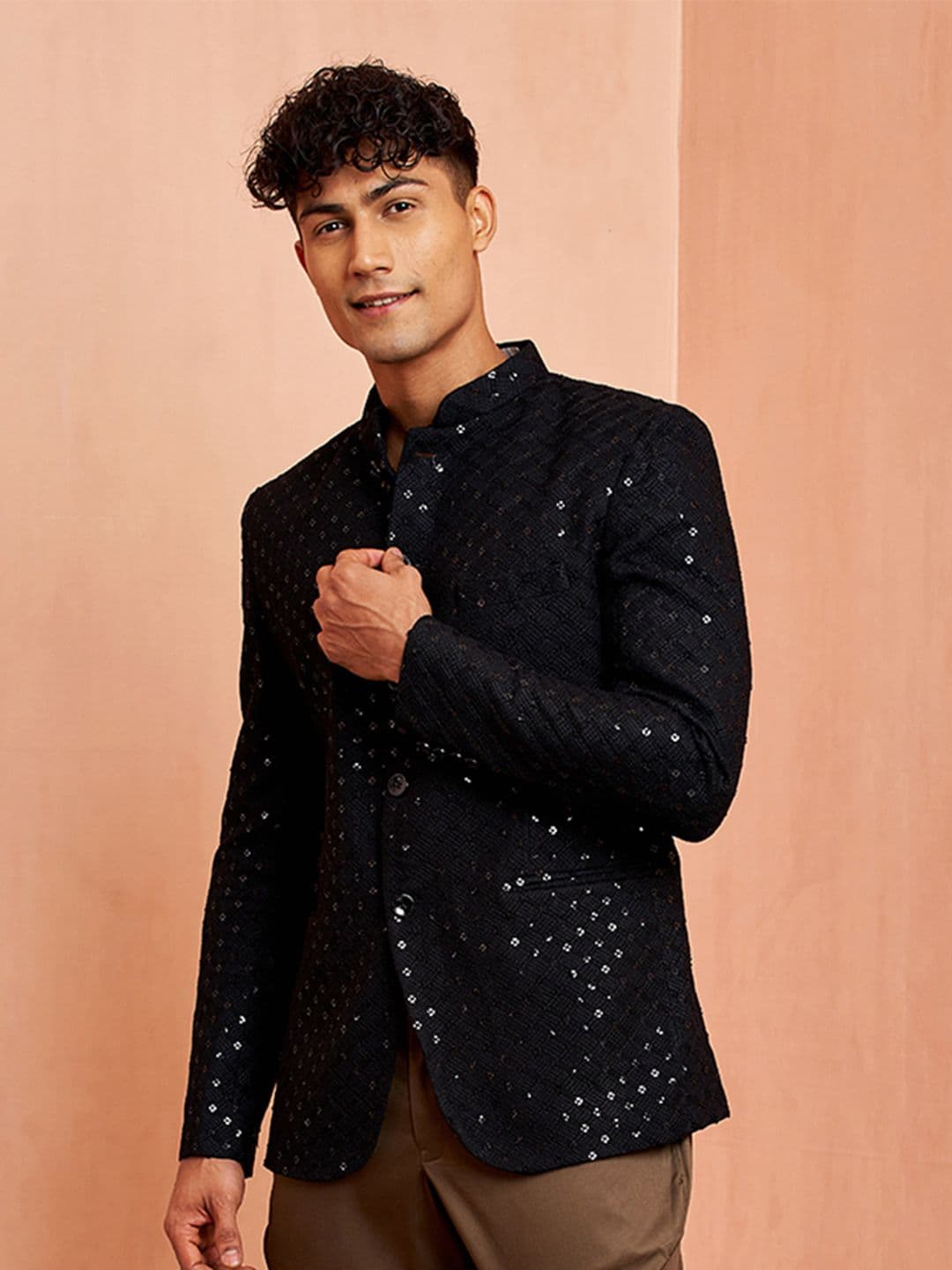 VASTRAMAY Self Design Sequined Slim Fit Bandhgala Jodhpuri Blazer - view 1
