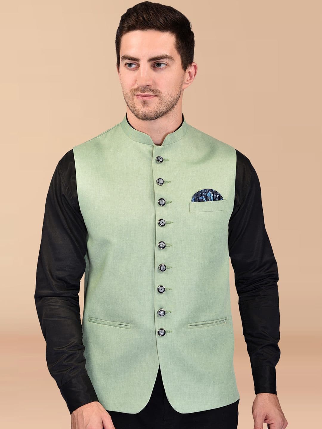 PRINTCULTR Mandarin Collar Woven Nehru Jackets - view 1