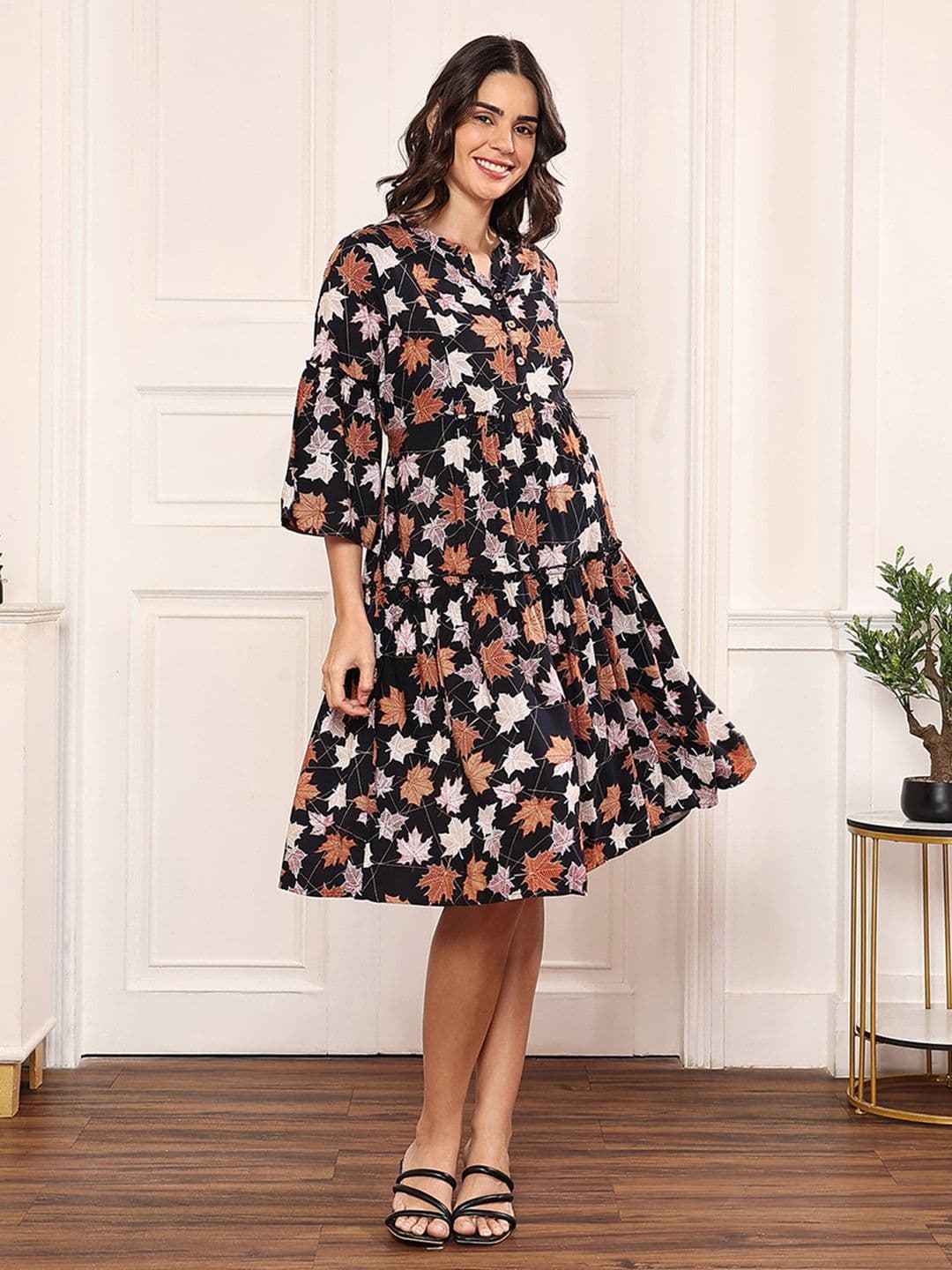 MomToBe Tropical Printed Boat Neck Bell Sleeves Fit & Flare Midi Maternity Dress - view 1