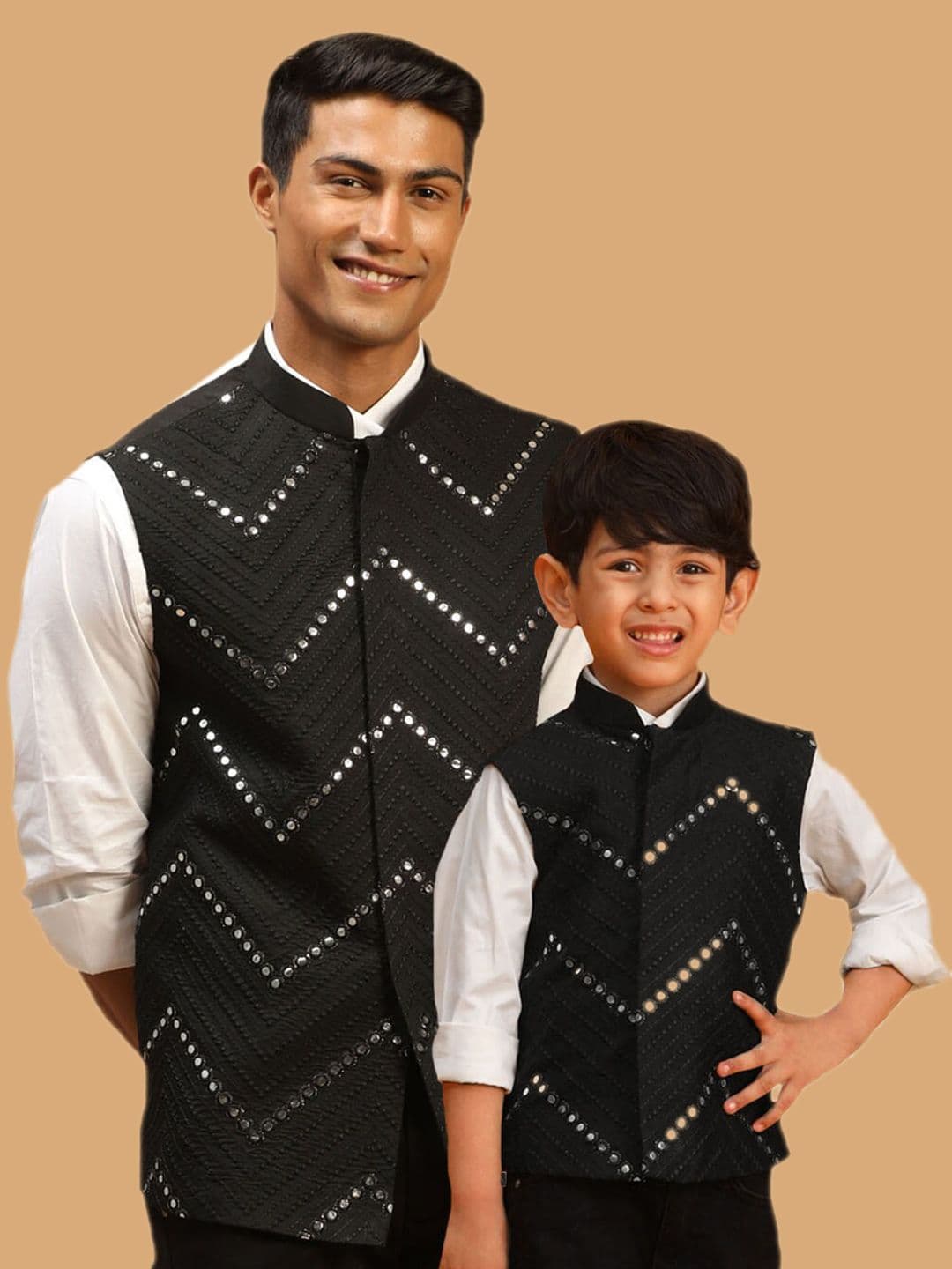 VASTRAMAY Chevron Mirror Work Embroidered Slim-Fit Nehru Jackets - view 1