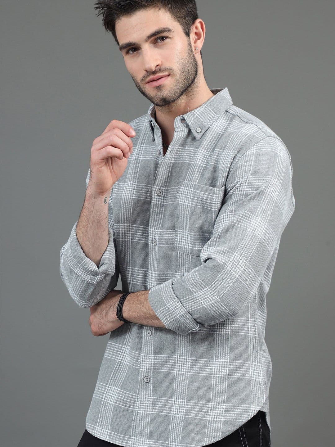 HERE&NOW Grey & White Slim Fit Checked Button-Down Collar Cotton Casual Shirt - view 1